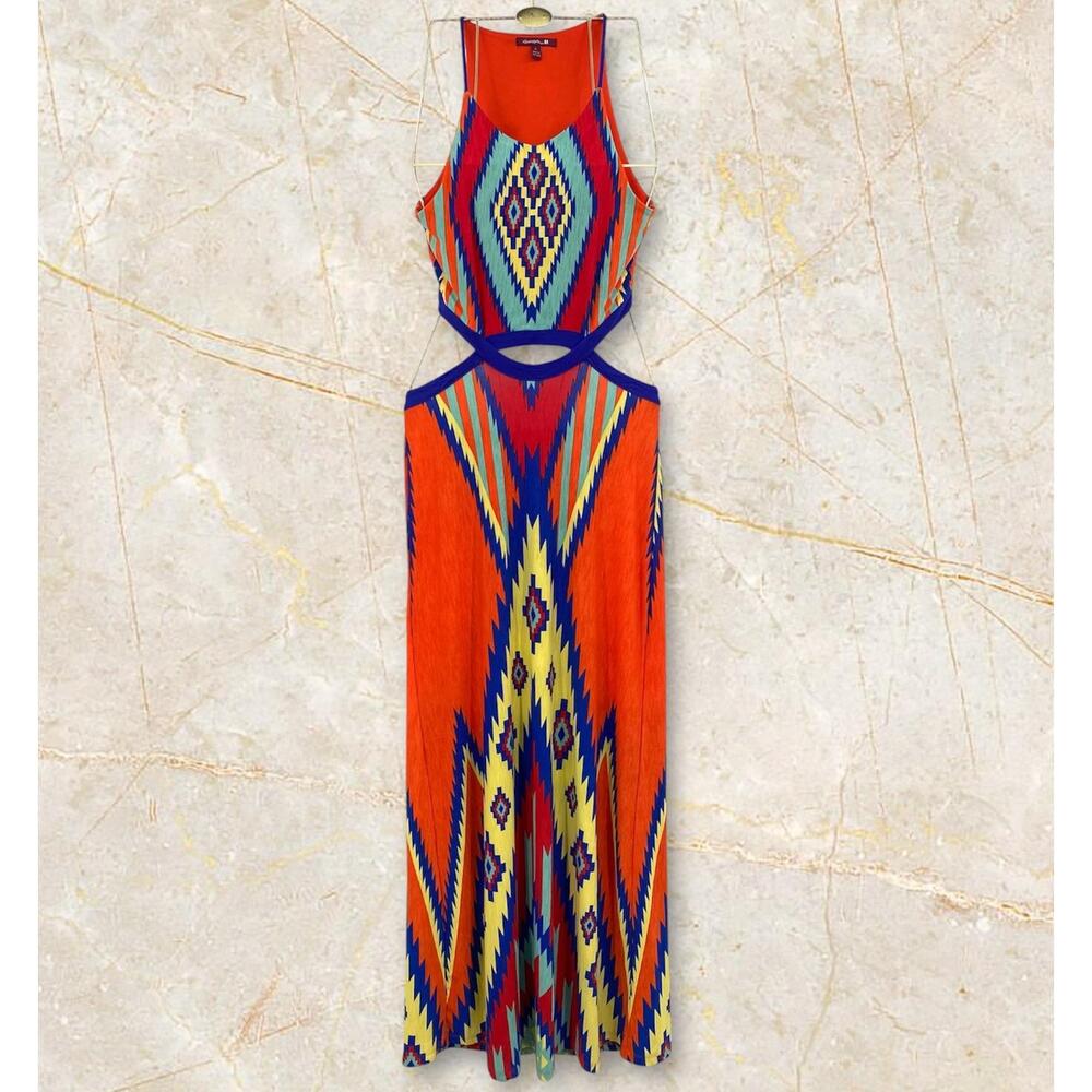 Y2K Maxi Dress Womens L Orange Western Cut-Out Geometric Country Aztec Boho